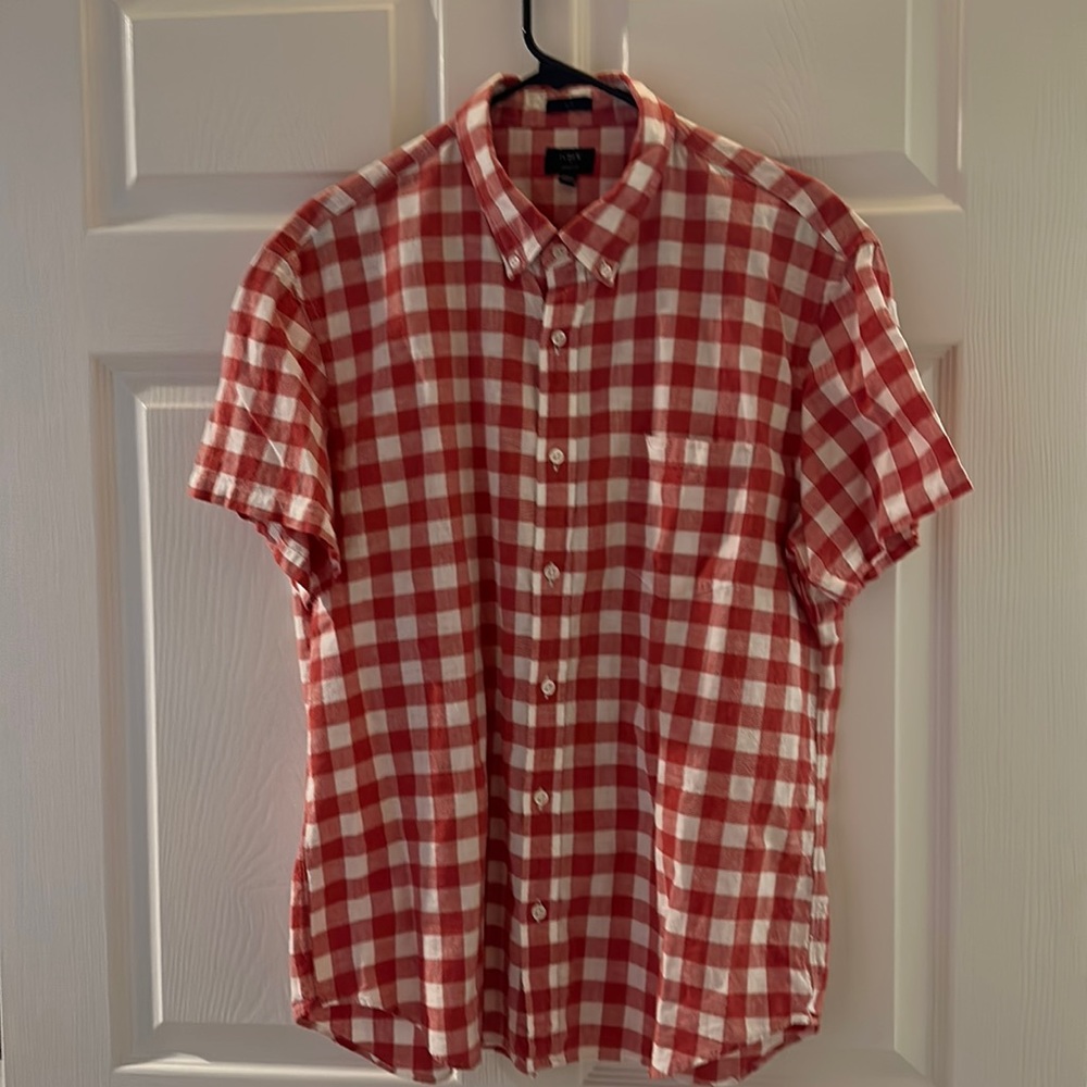 Gently Worn Men’s J Crew Short Sleeve Brick Red Check Shirt-XL Slim